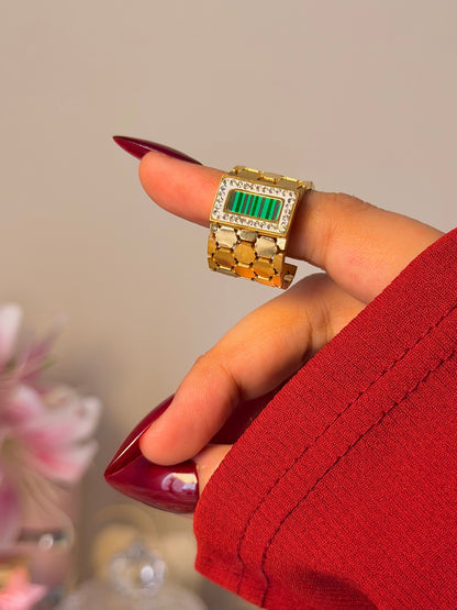 Emerald Green Rectangle Statement Ring - Gold Textured Geometric Ring