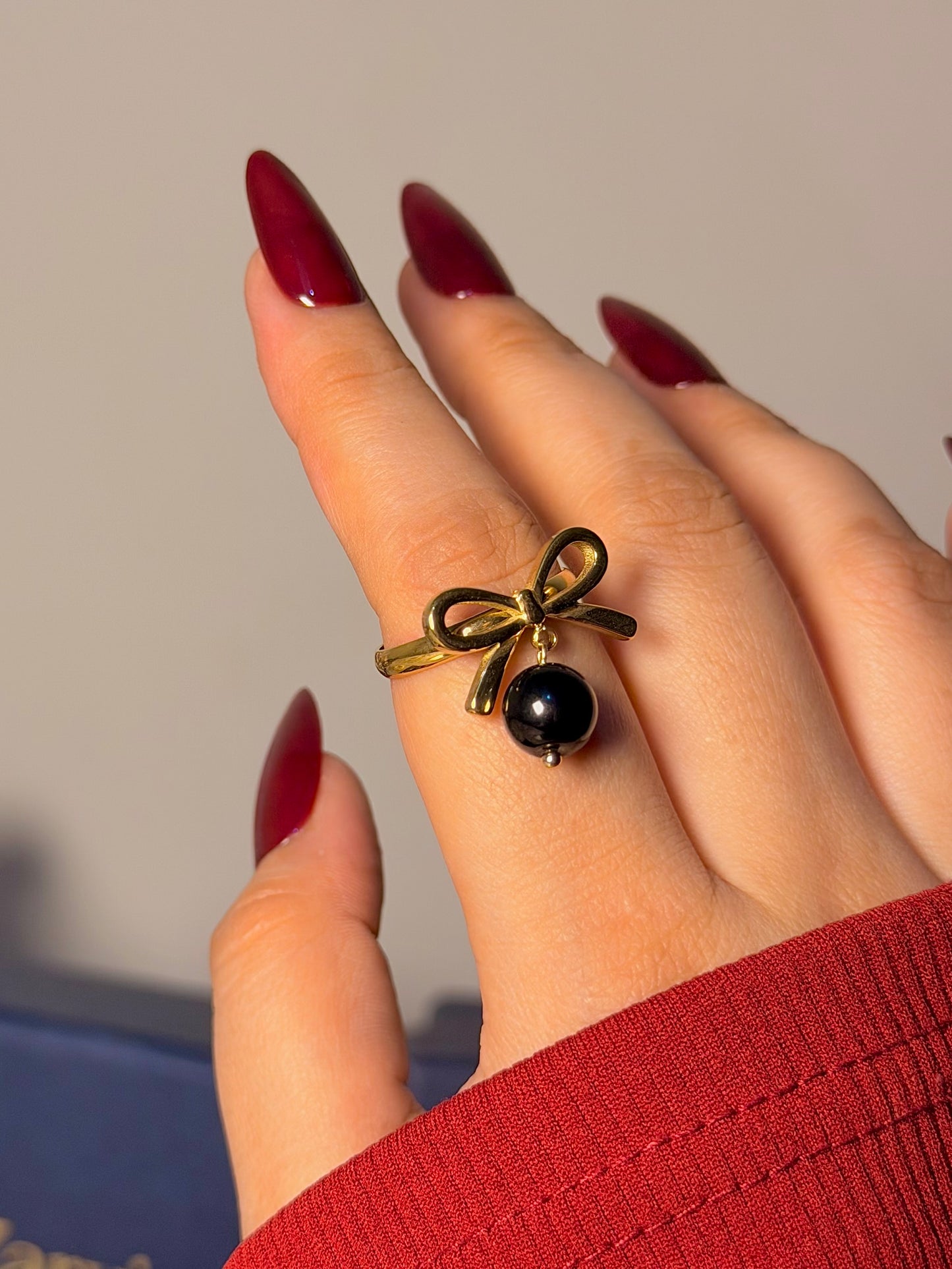 Bow Charm Ring - Pearl Drop Accent