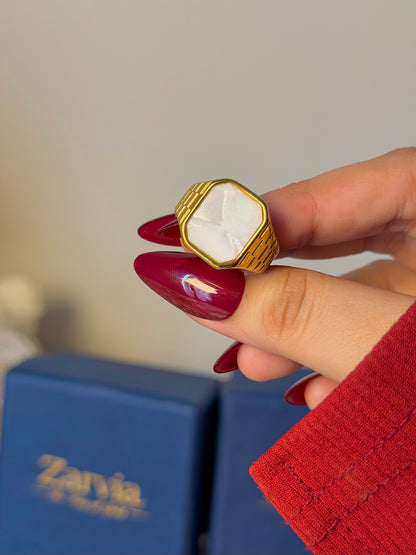 Vintage Octagon Signet Ring with White Stone – Gold