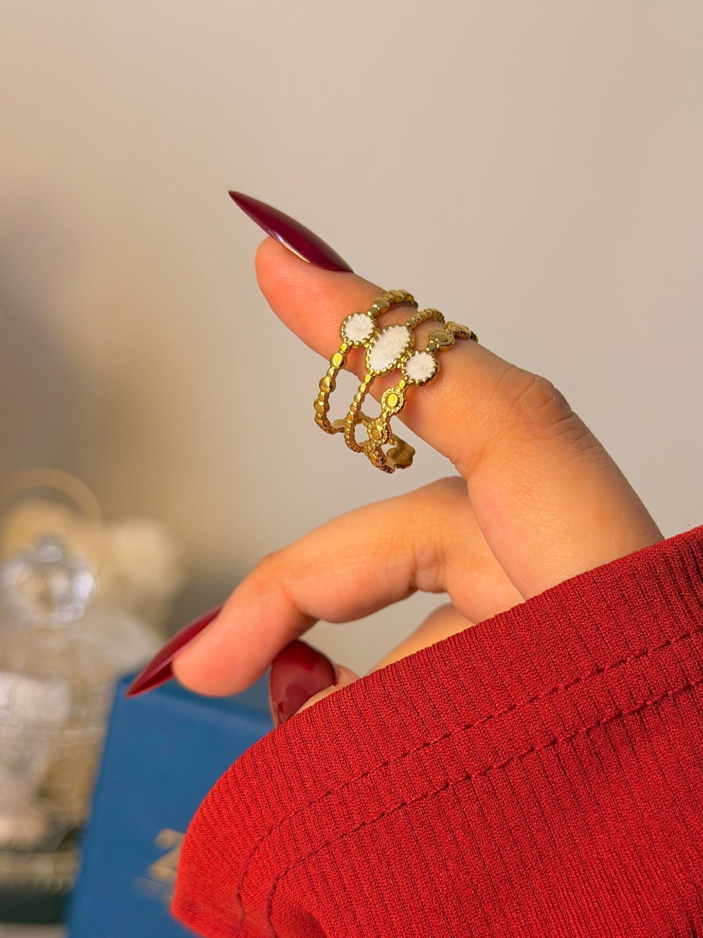 Boho Oval Stone 3 Layered Ring Stack – Gold