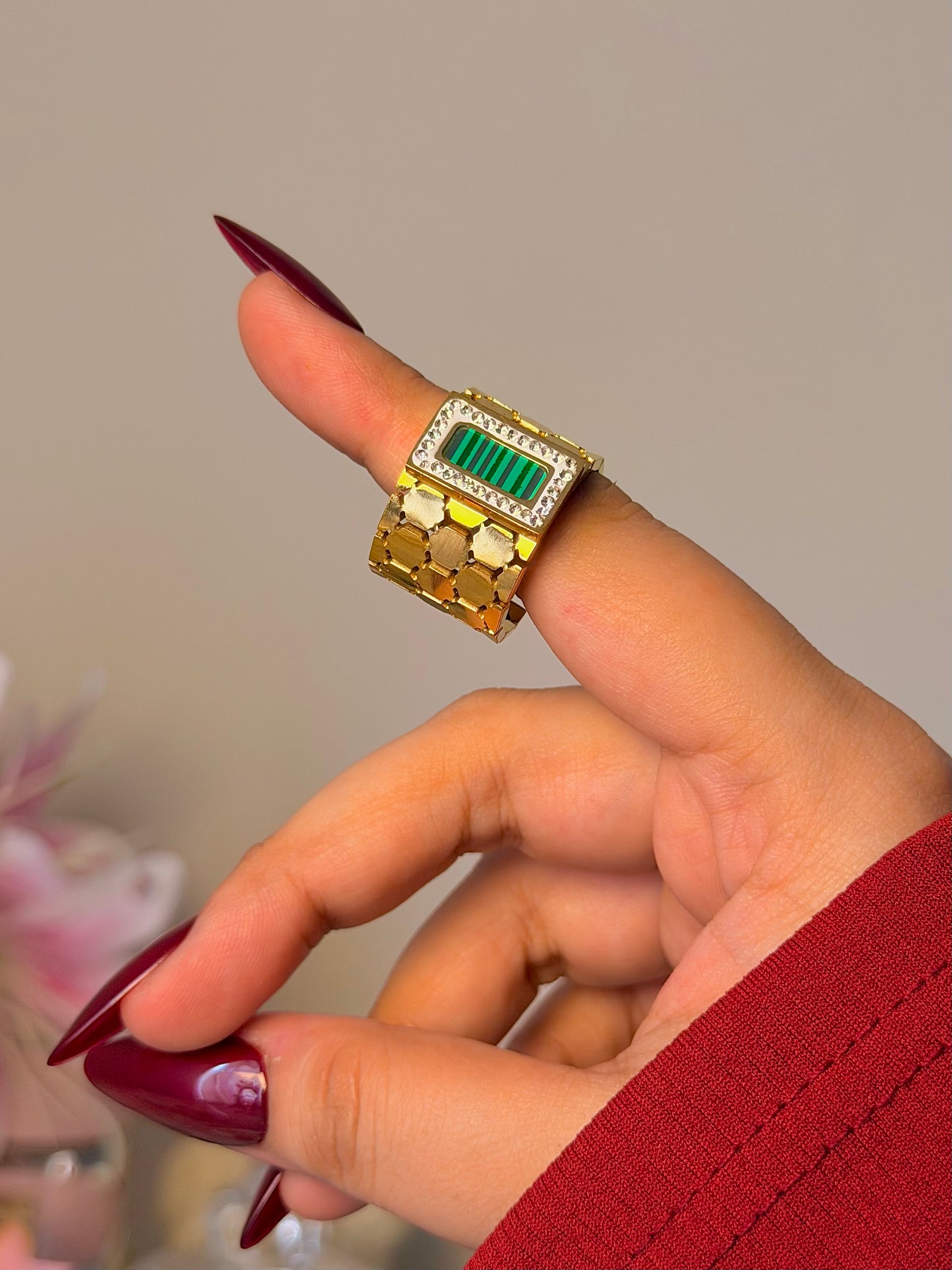 Emerald Green Rectangle Statement Ring - Gold Textured Geometric Ring