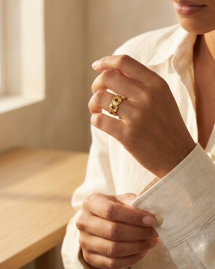 Gold Textured Chain Ring – Minimal Braided Statement Ring Adjustable