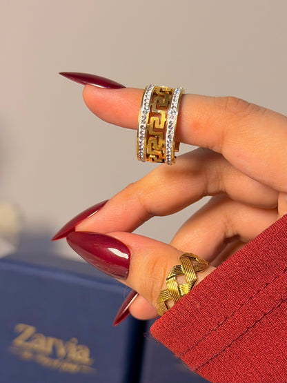 Greek Key Crystal Band Ring - Chunky Luxe Open Ring