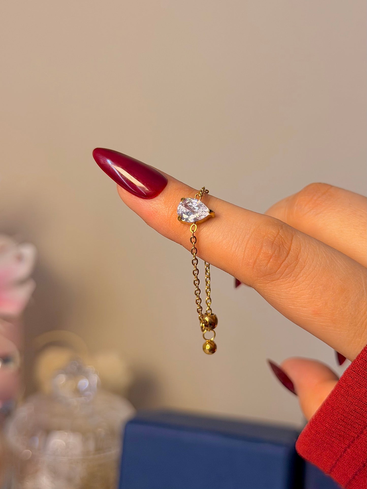 Chain Solitaire Ring - Dainty Minimalist Adjustable Ring