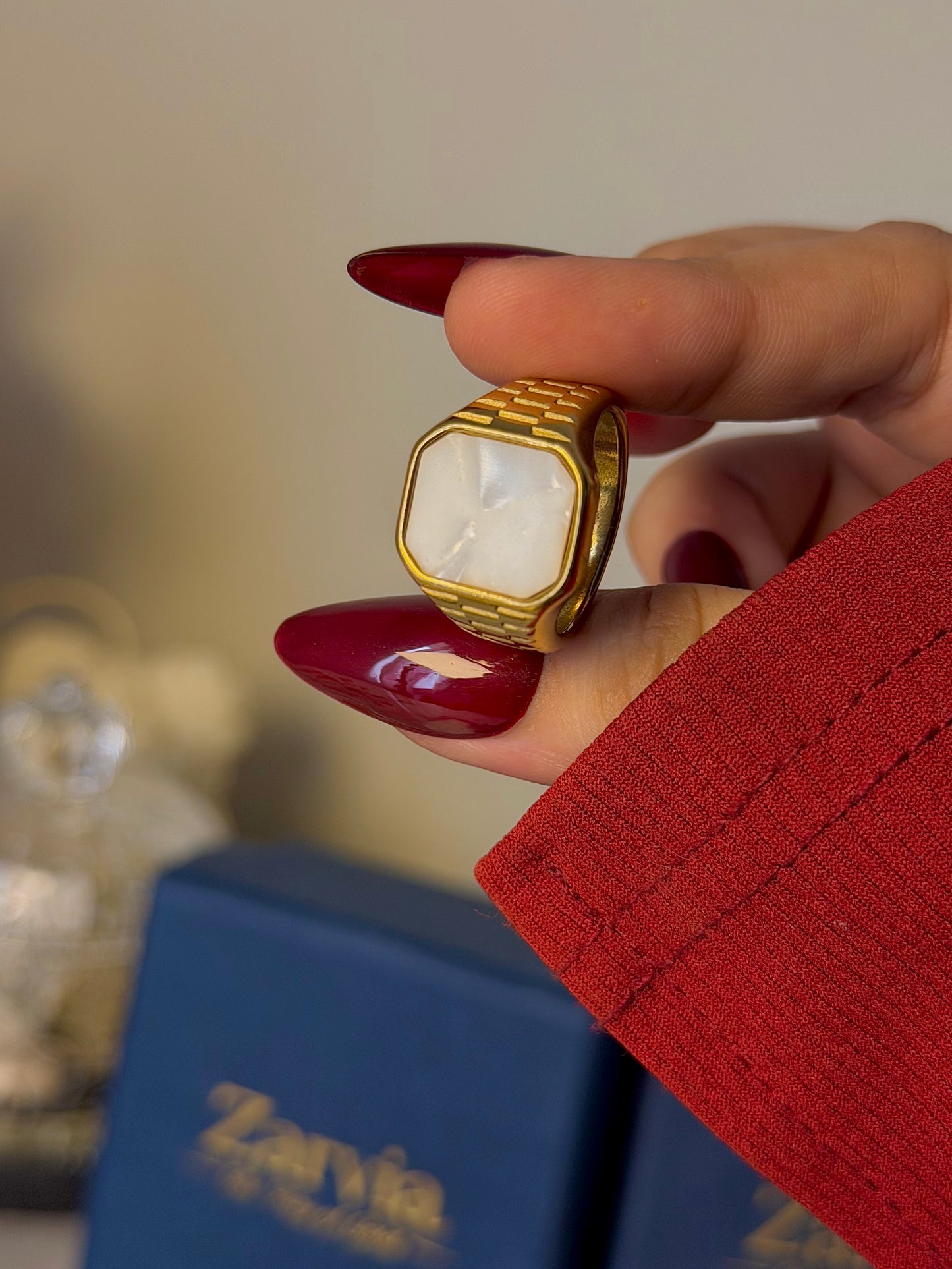 Vintage Octagon Signet Ring with White Stone – Gold