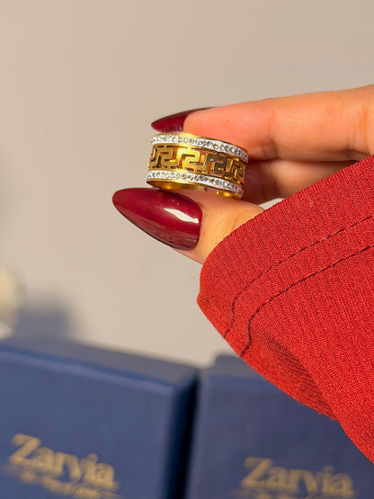 Greek Key Crystal Band Ring - Chunky Luxe Open Ring