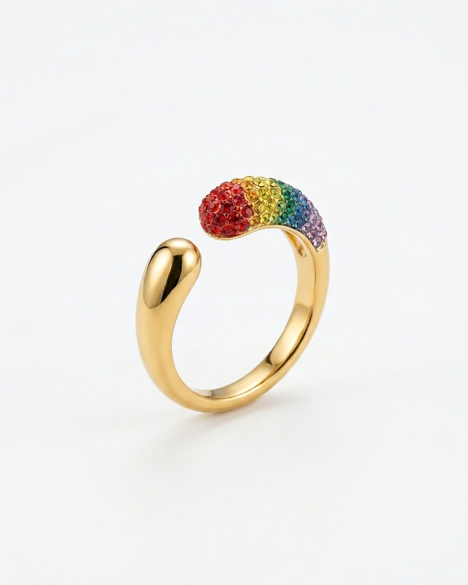 Rainbow Crystal Open Cuff Ring – Gold Adjustable Minimal Statement Ring
