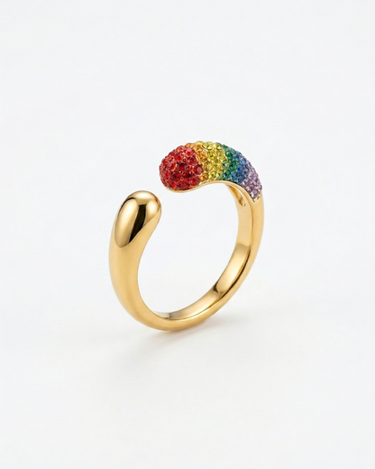 Rainbow Crystal Open Cuff Ring – Gold Minimal Statement Ring
