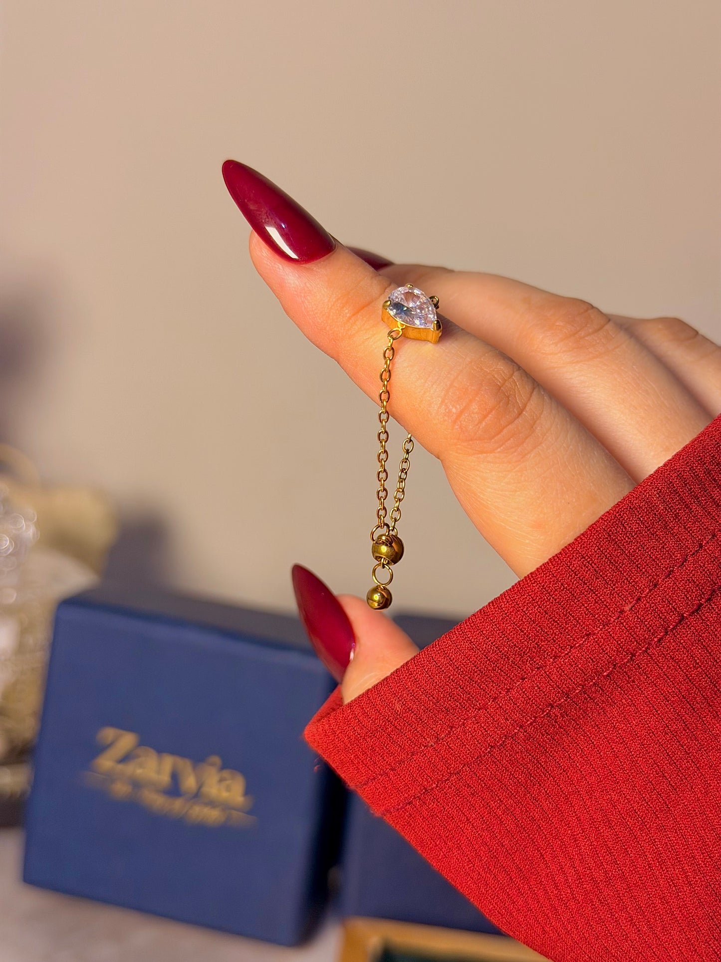 Chain Solitaire Ring - Dainty Minimalist Adjustable Ring