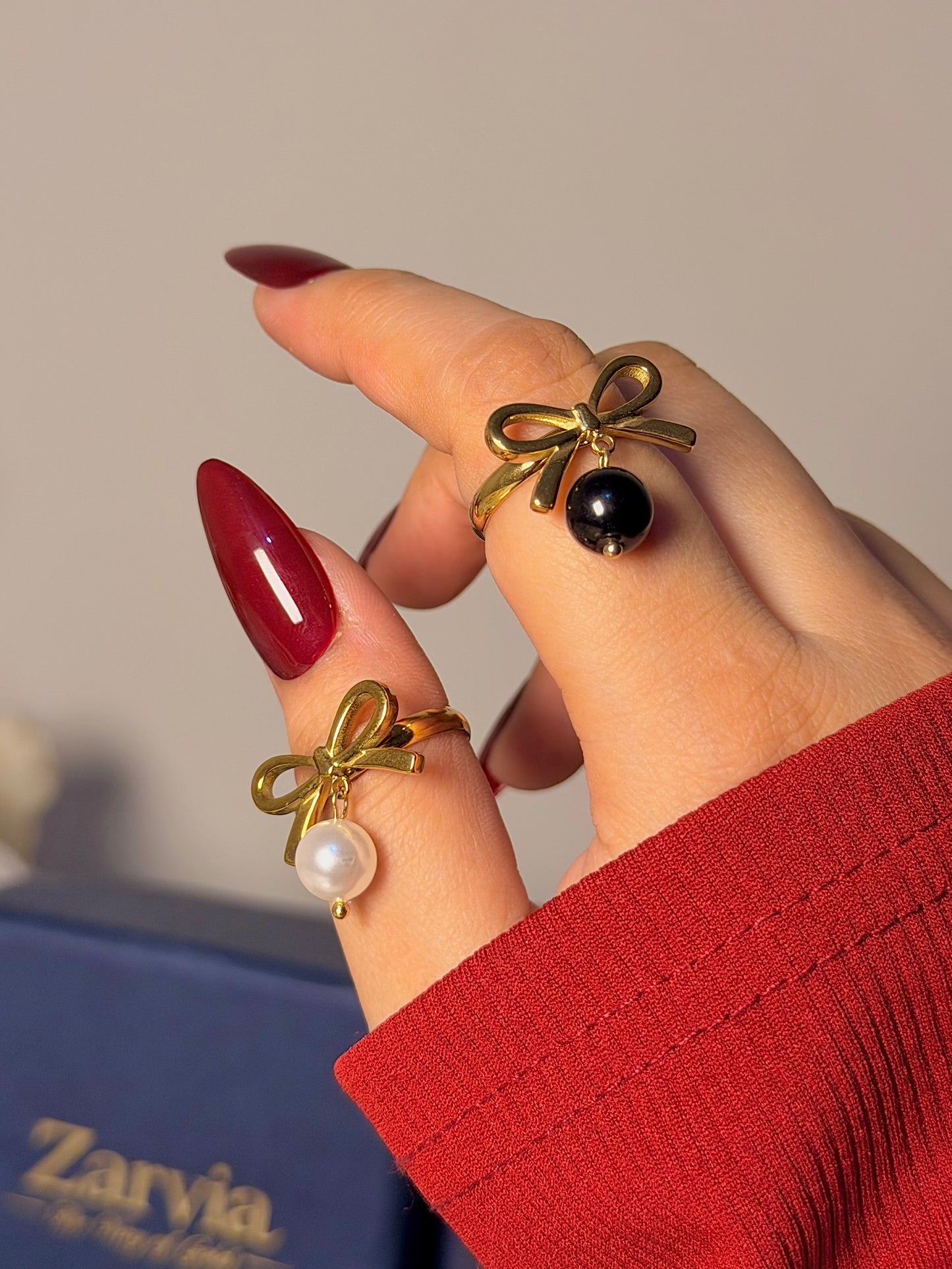 Bow Charm Ring - Pearl Drop Accent
