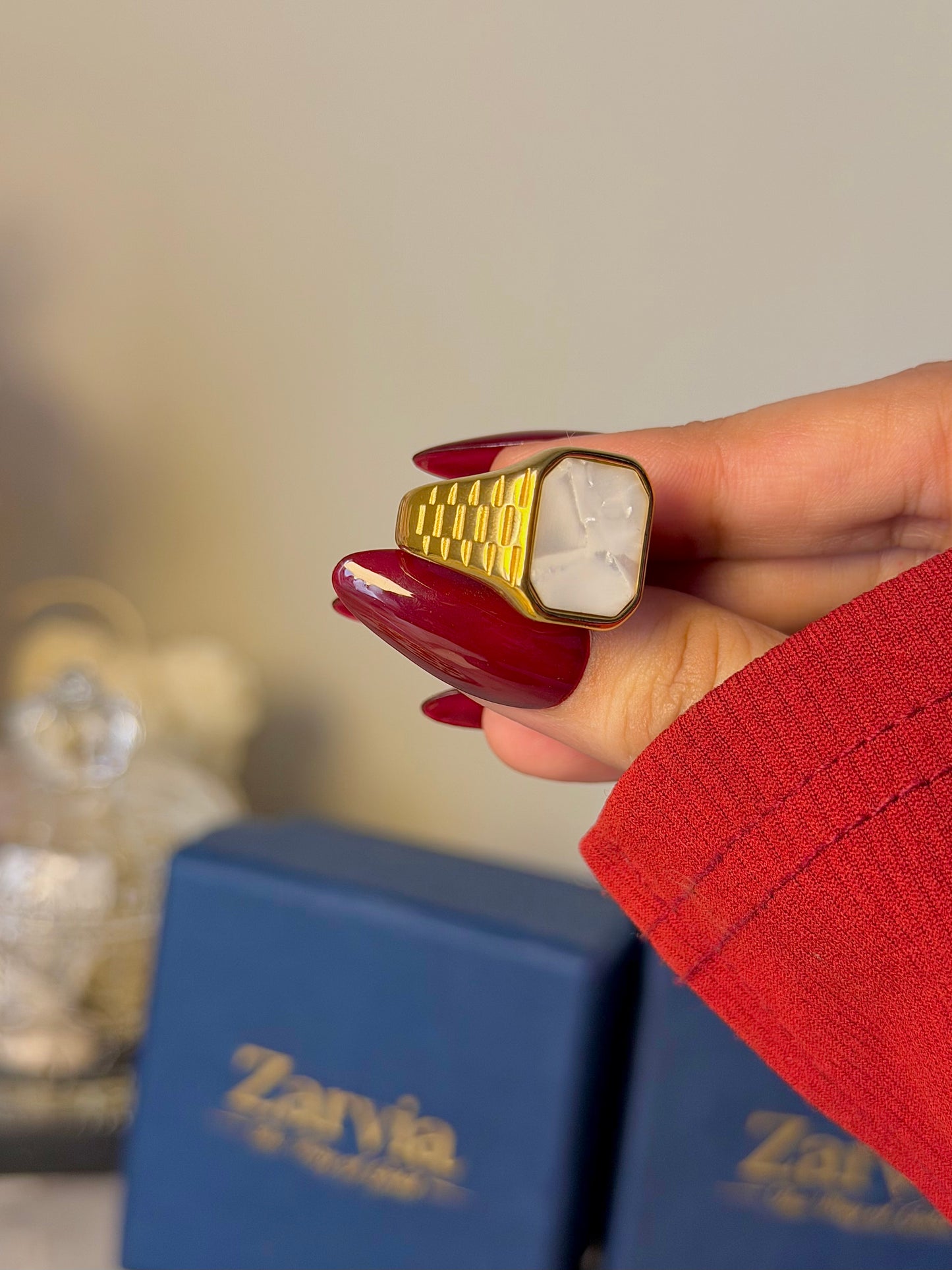 Vintage Octagon Signet Ring with White Stone – Gold