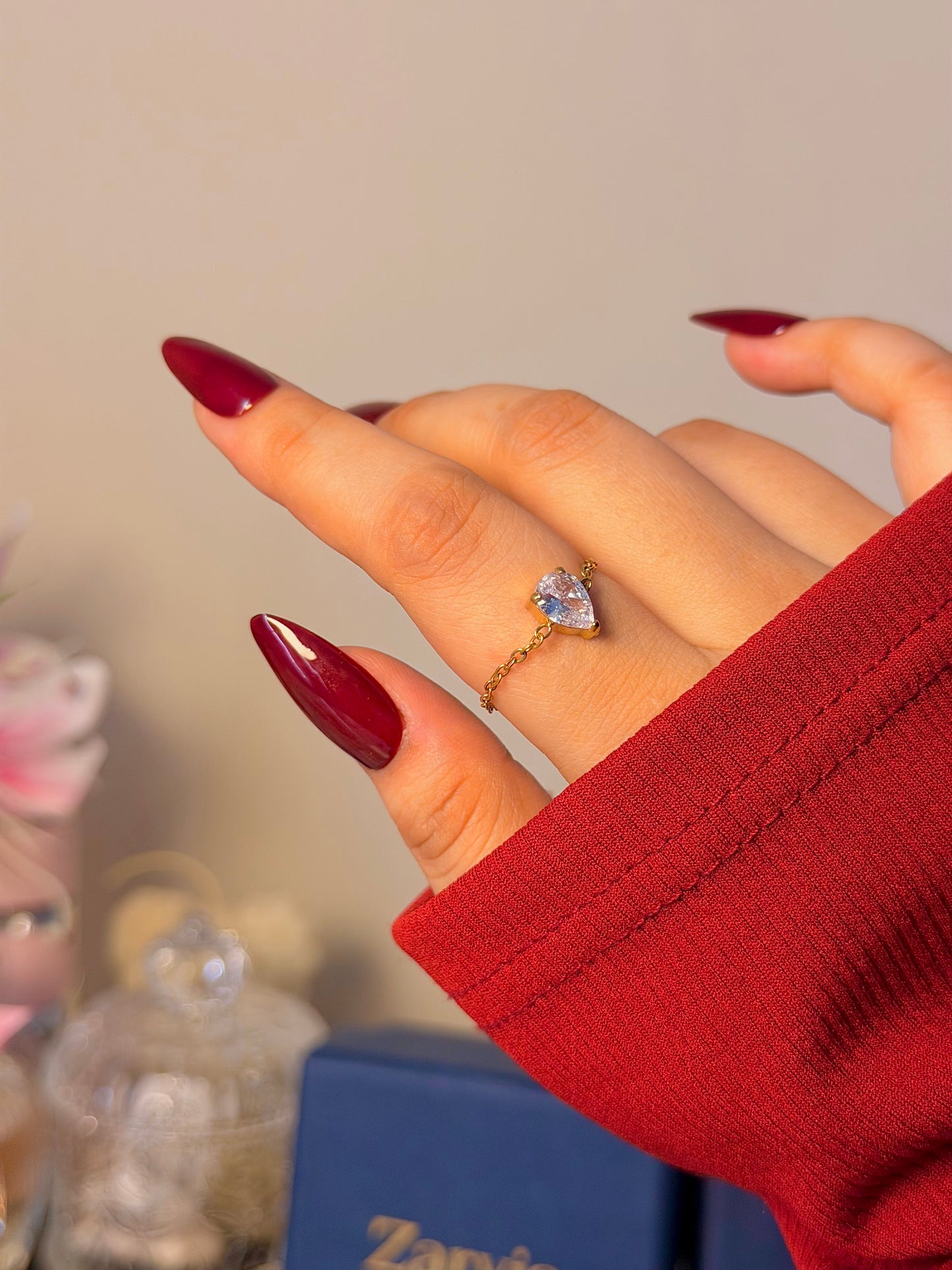 Chain Solitaire Ring - Dainty Minimalist Adjustable Ring