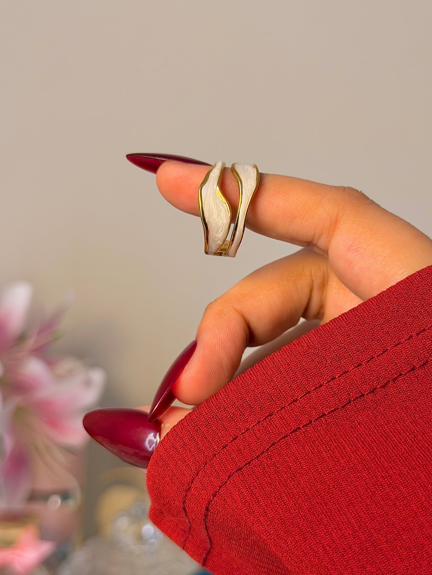 Gold Wave Open Ring – Minimalist White Enamel Ring