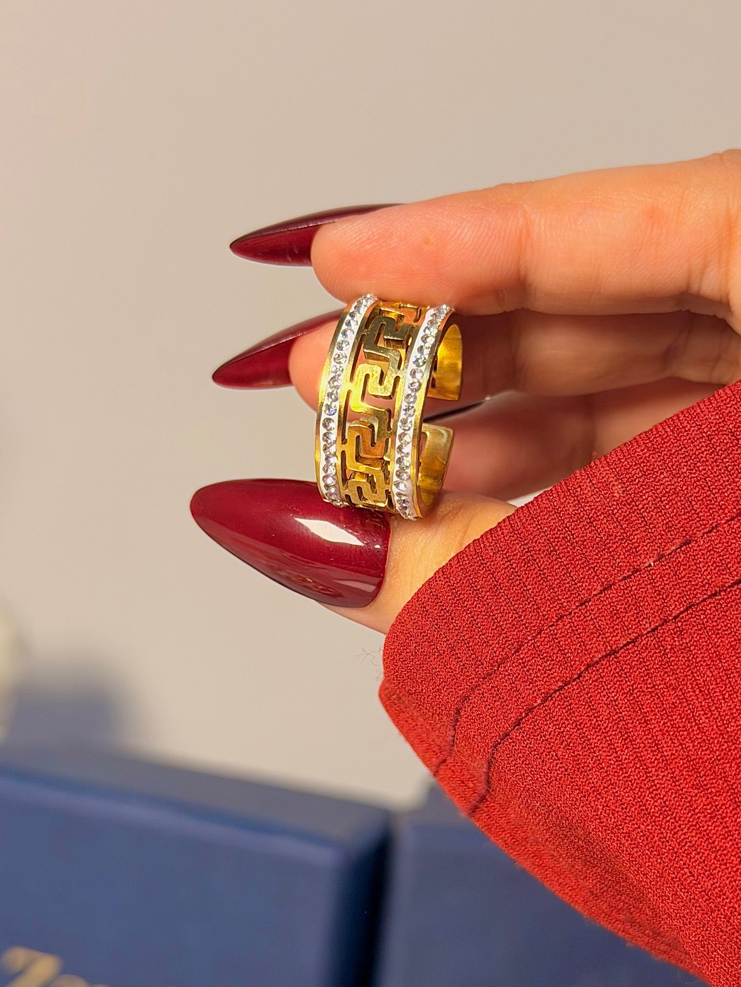 Greek Key Crystal Band Ring - Chunky Luxe Open Ring