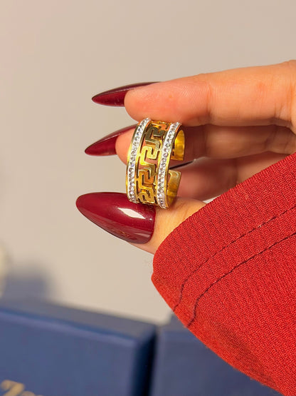 Greek Key Crystal Band Ring - Chunky Luxe Open Ring