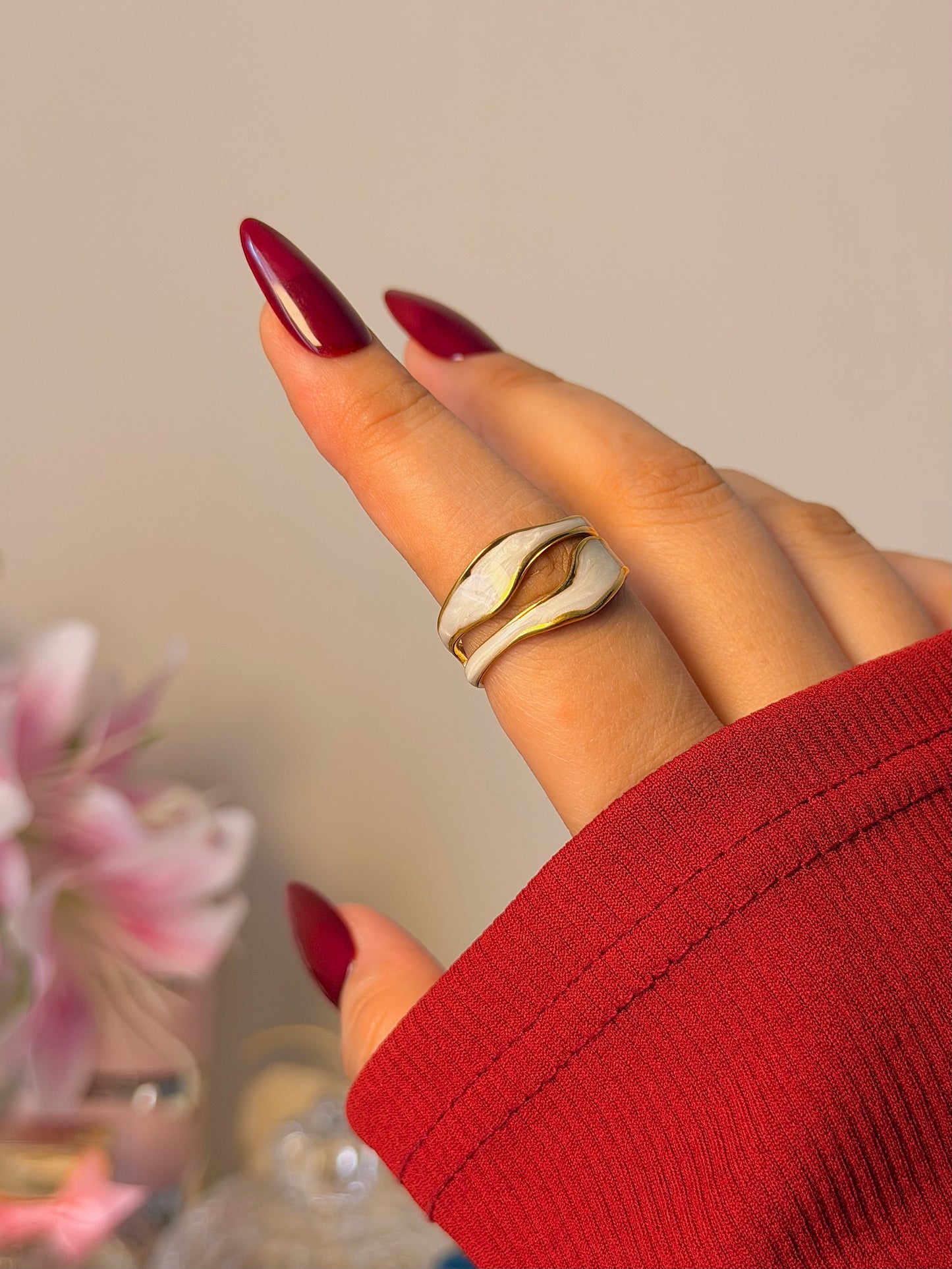 Gold Wave Open Ring – Minimalist White Enamel Ring