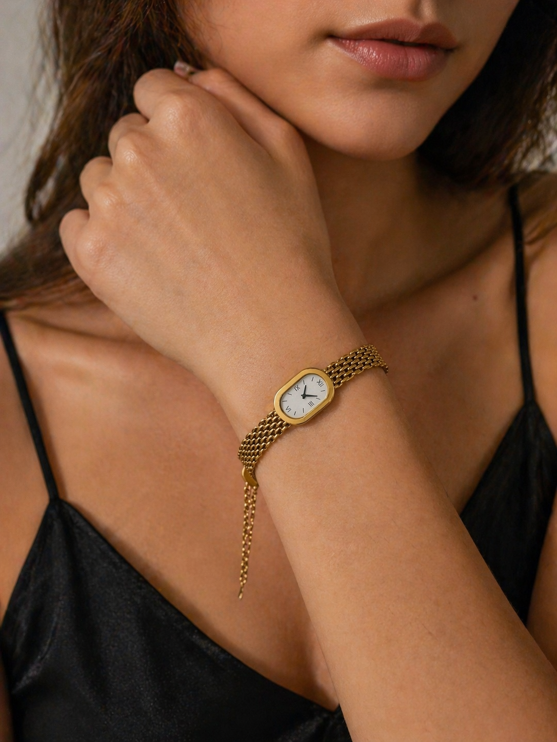 Golden Metal Watch Bracelet with Dial (Non-Functional)