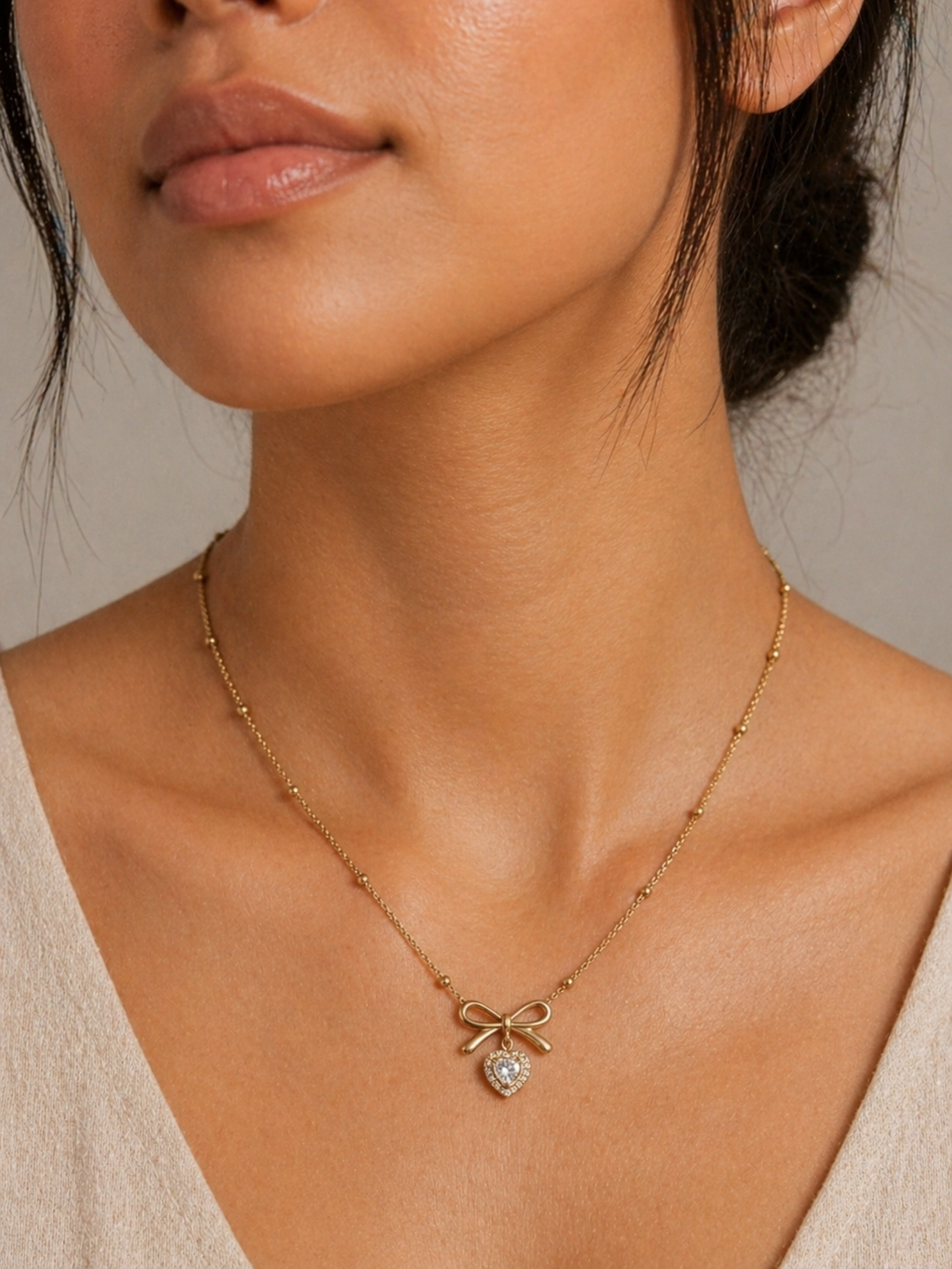 Bow Heart Crystal Charm Necklace