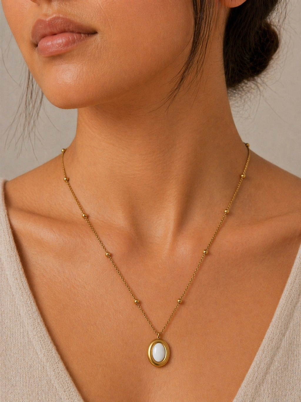 Gold Oval Enamel Pendant Necklace
