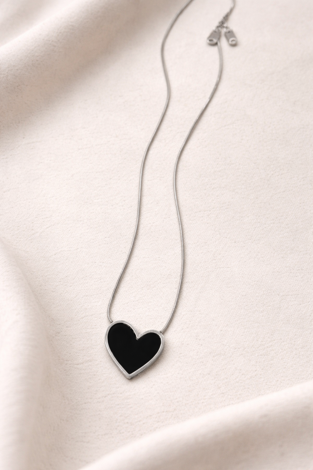 Silver Chain Necklace with Black Heart Pendant