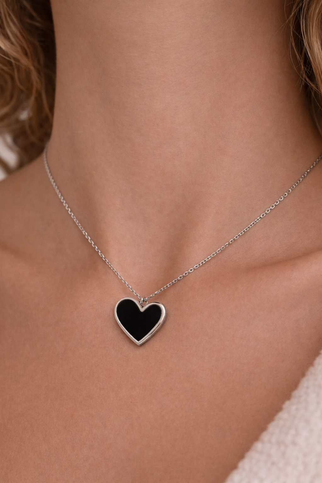 Silver Chain Necklace with Black Heart Pendant
