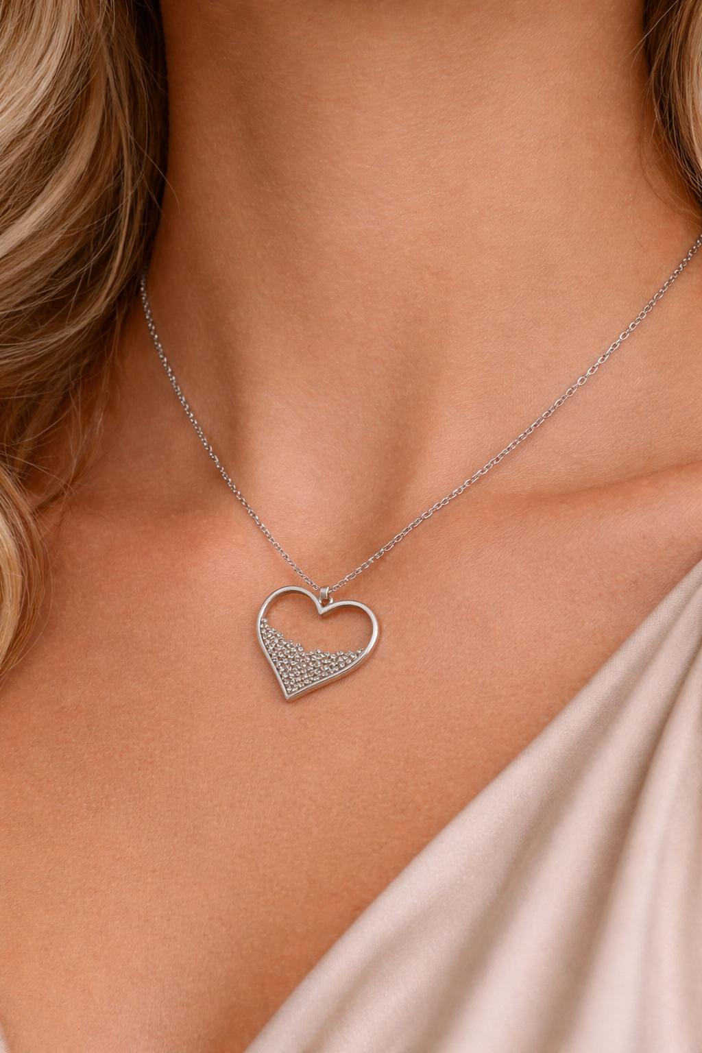 Metal Heart Pendant Necklace with Sparkling Crystals - Silver