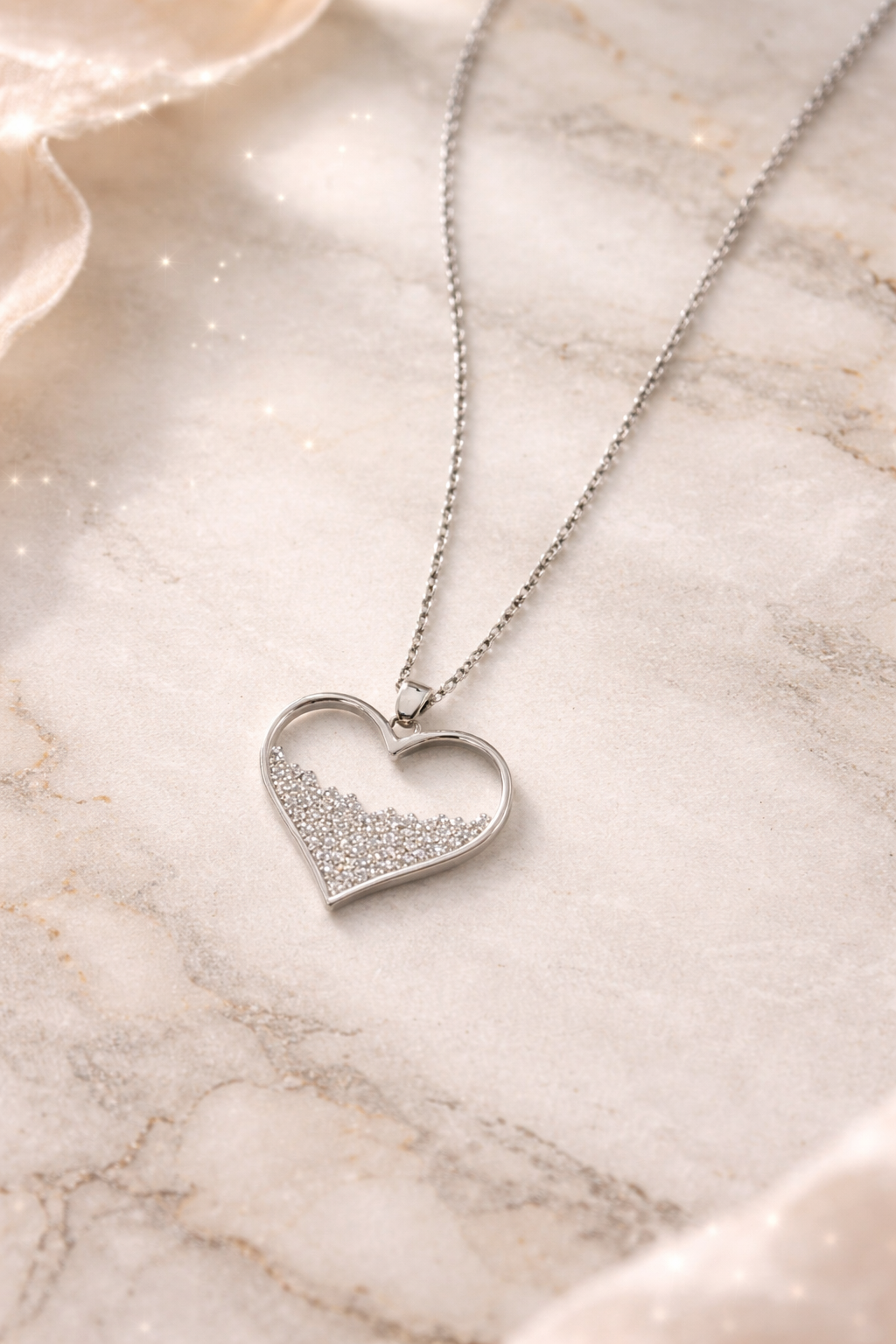 Metal Heart Pendant Necklace with Sparkling Crystals - Silver