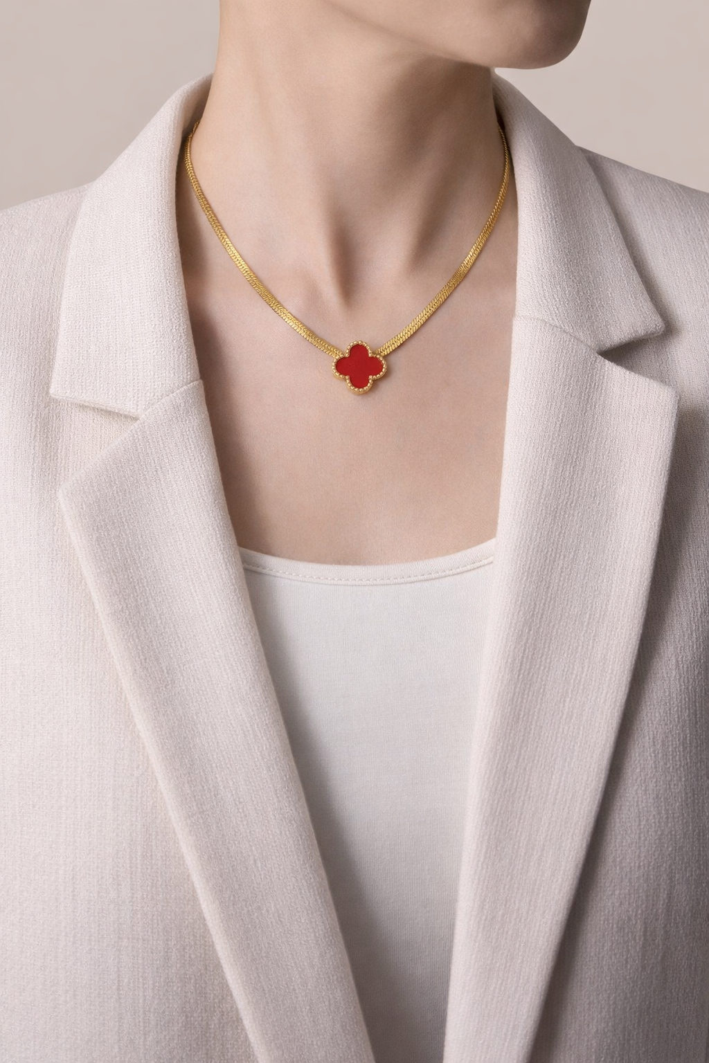 Luxury Red Clover Necklace on a Golden Snake Chain