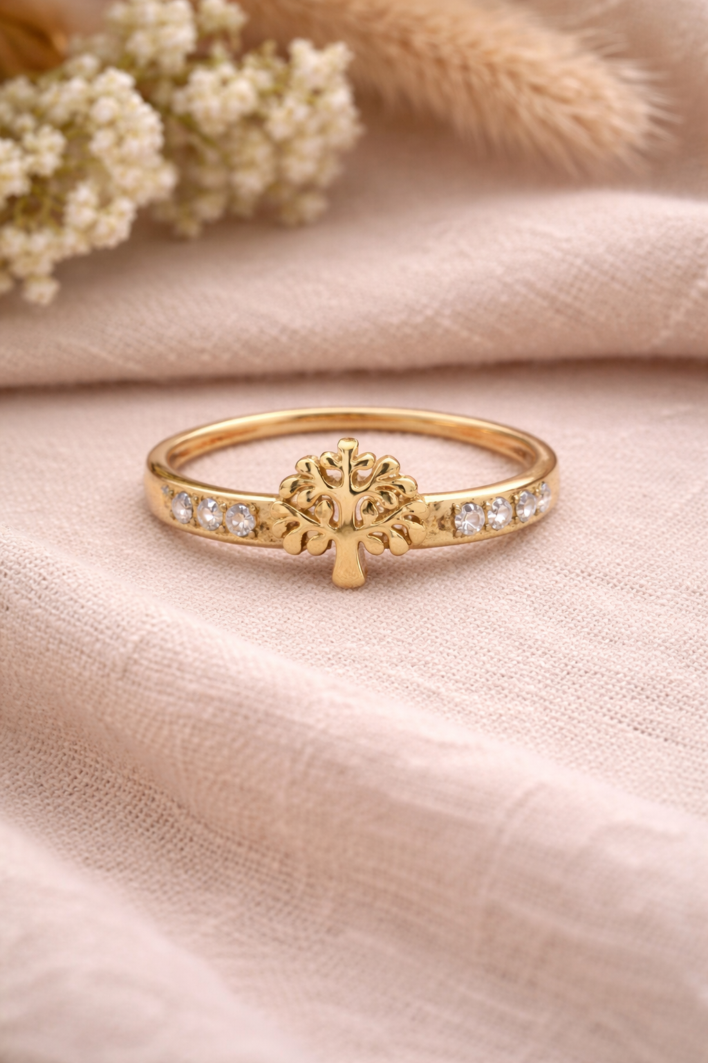 Tree Design Gold-Tone Metal Ring with Stones