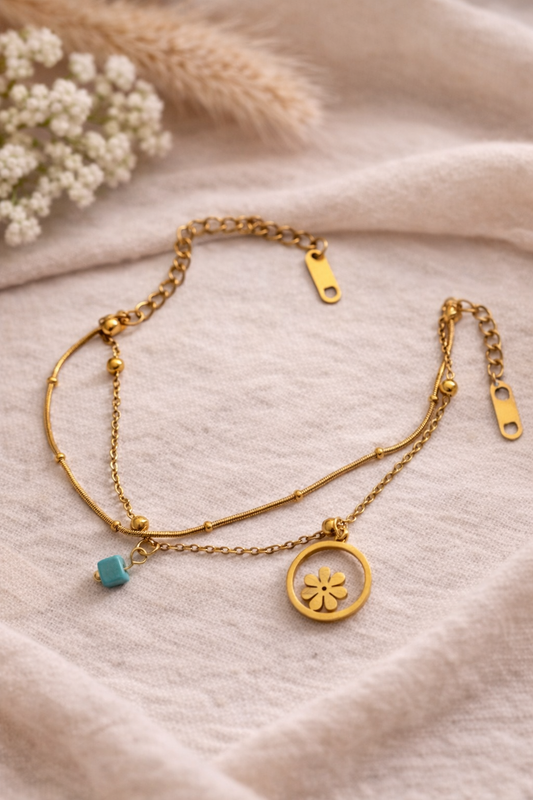 Double Layered Bracelet with Flower Charm