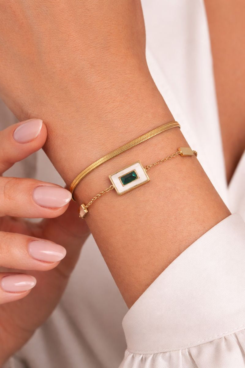 Double Layered Bracelet with Green Stone and Snake Chain