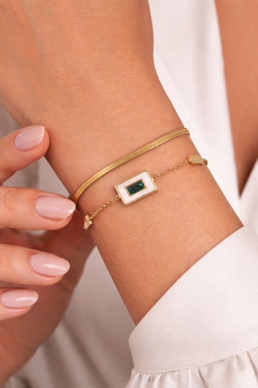 Double Layered Bracelet with Green Stone and Snake Chain