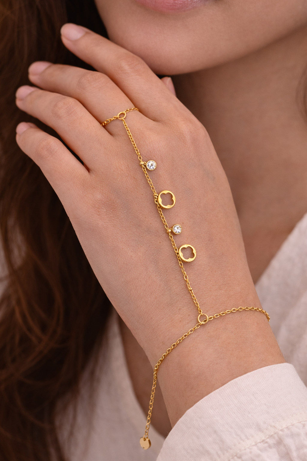 Delicate Gold Chain Bracelet with Ring & Floral Charms