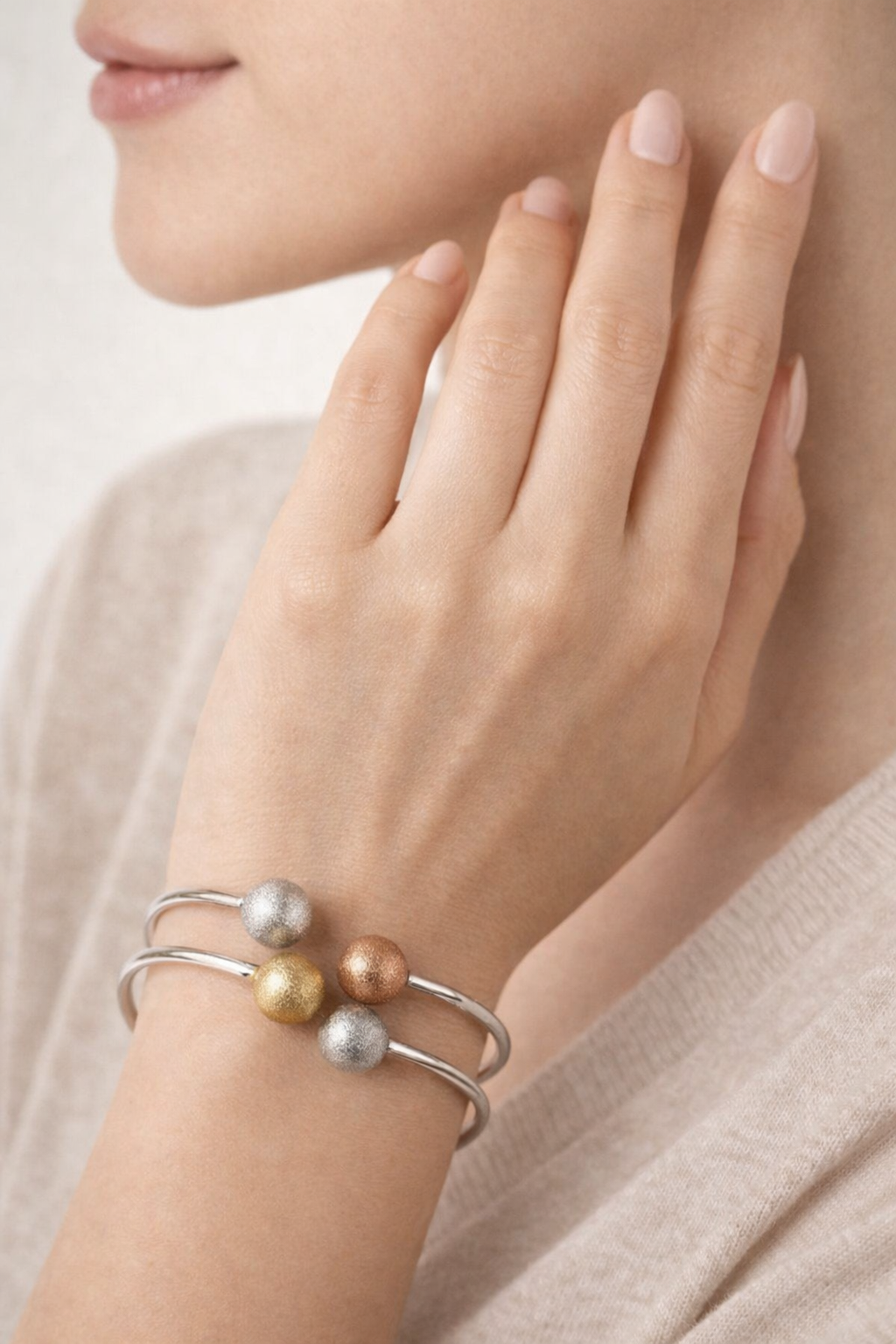 Two-Tone Stainless Steel Bangle with Textured Spheres