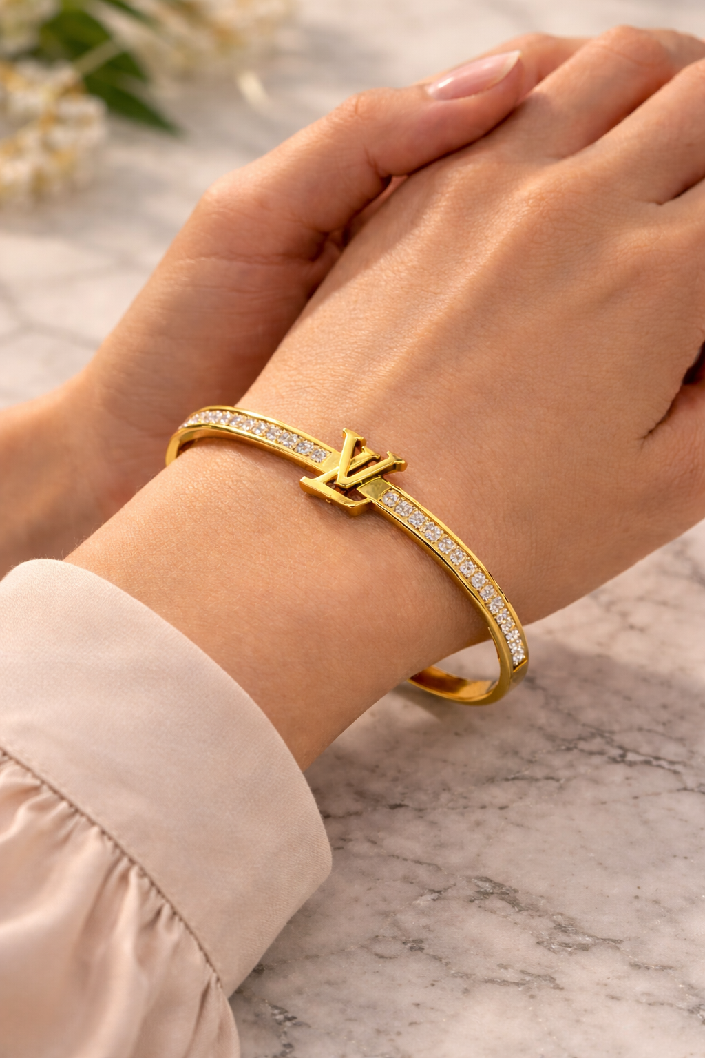 LV-Inspired Gold Bangle with Crystal Accents
