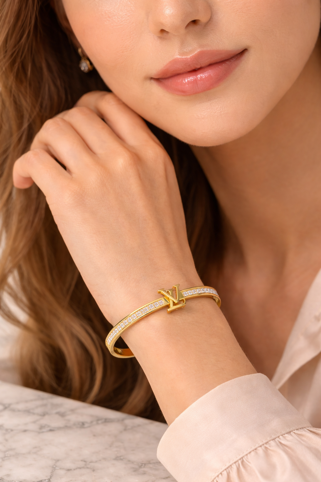 LV-Inspired Gold Bangle with Crystal Accents