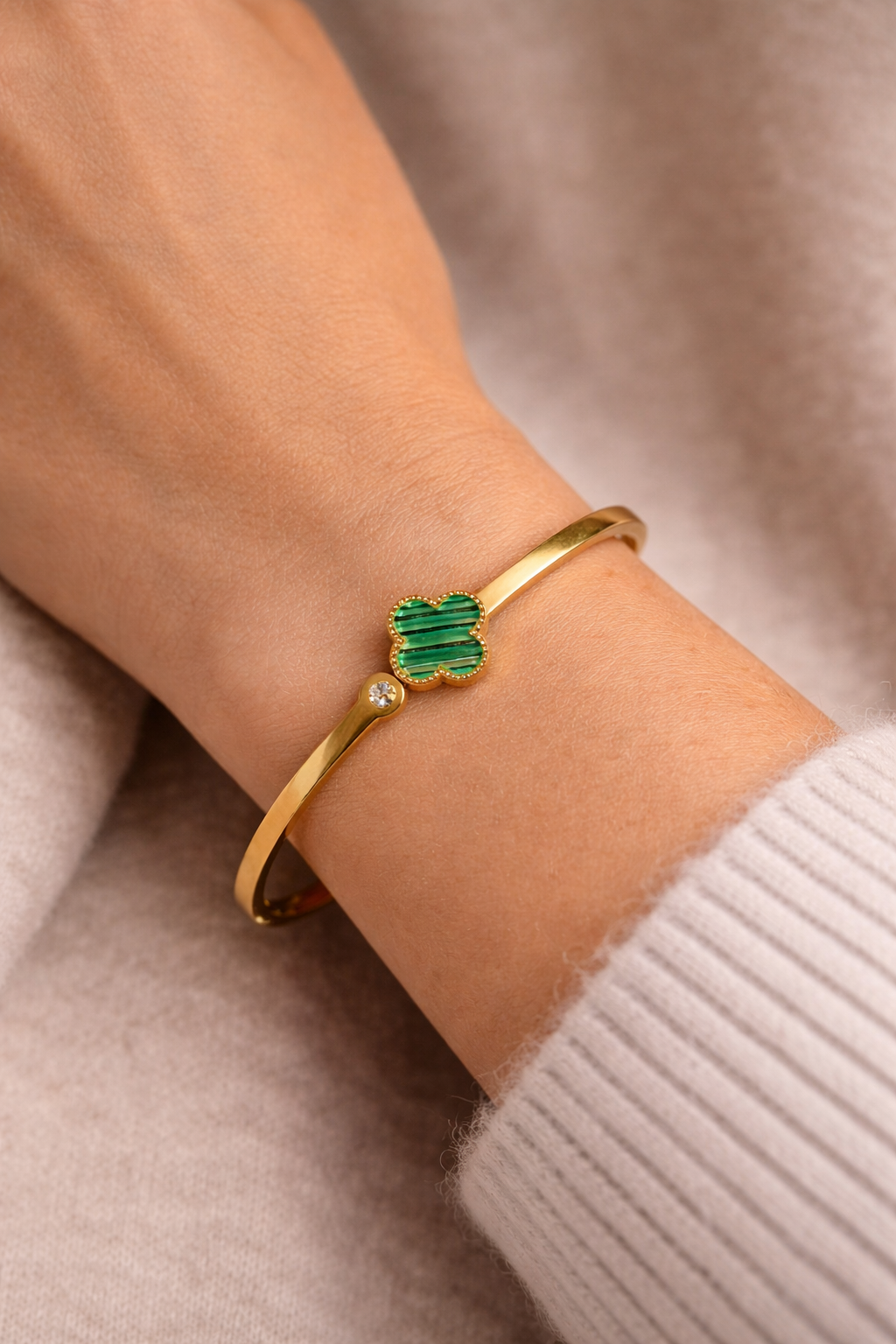 Gold Bangle with Green Malachite and Crystal Accent