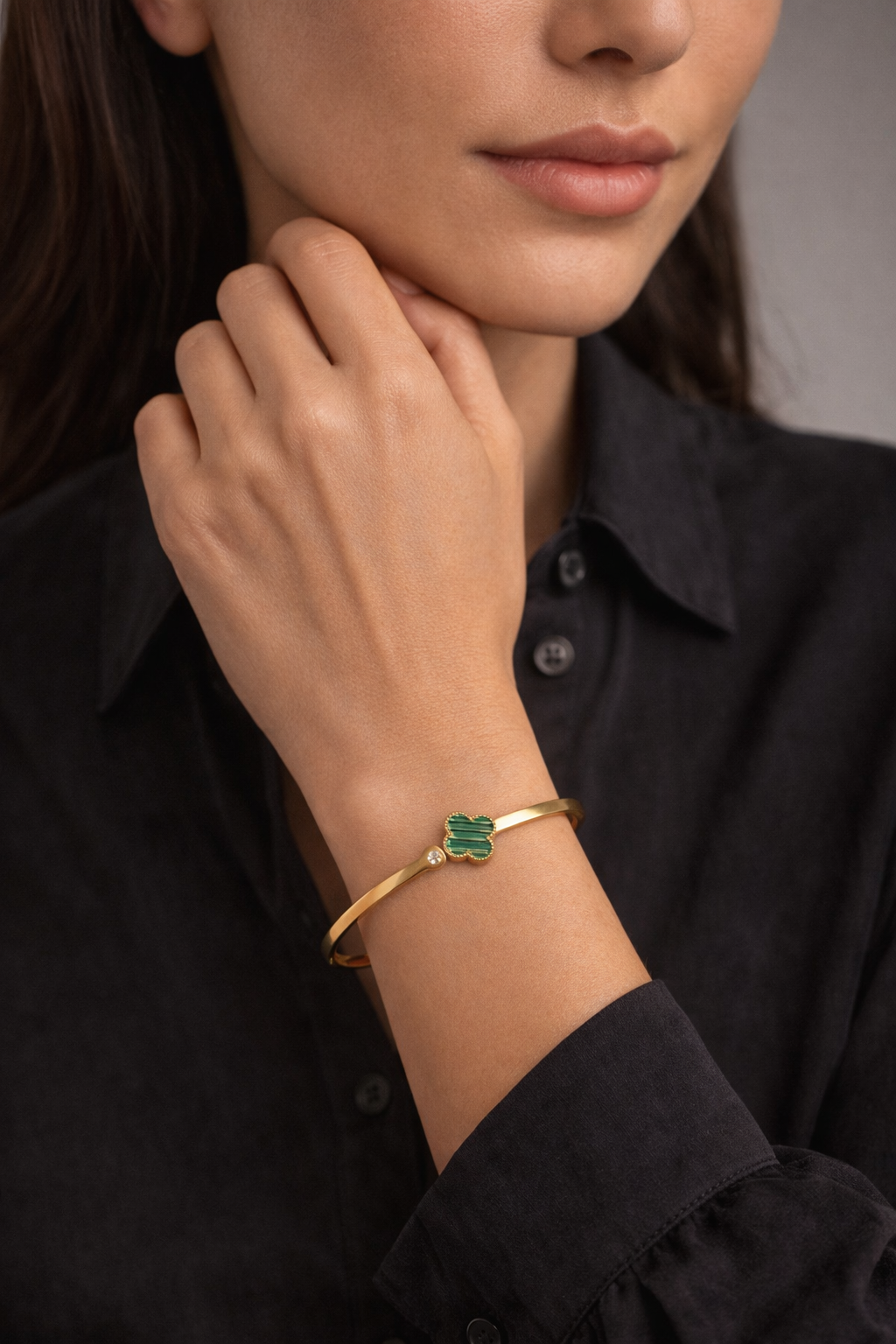 Gold Bangle with Green Malachite and Crystal Accent