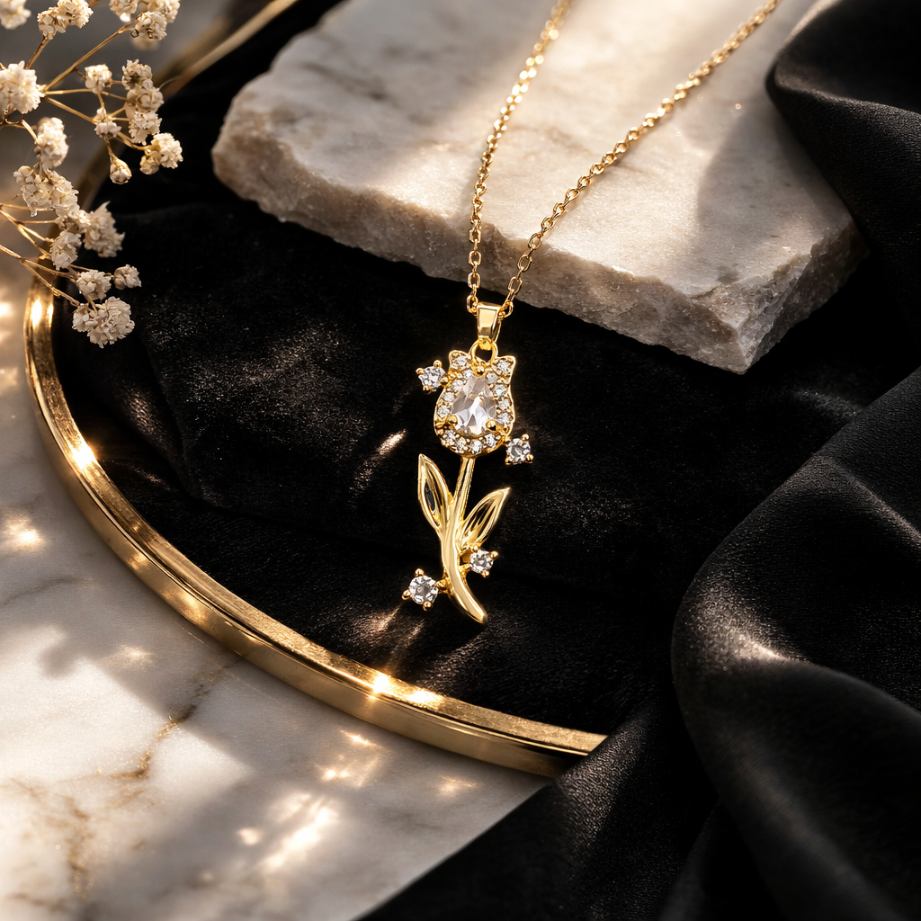 Luxury Rose Statement Pendant Necklace – Gold Finish