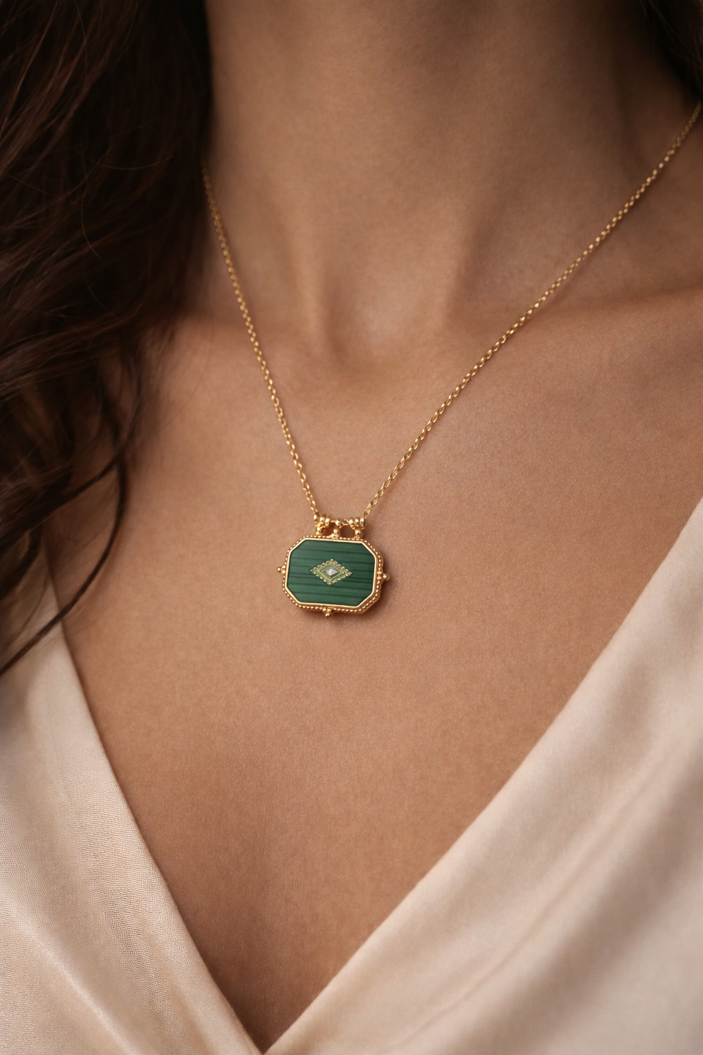 Emerald Green Pendant Necklace Gold – Stainless Steel Geometric Necklace for Women
