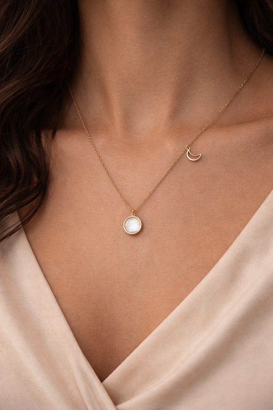 Gold Moon Pendant Necklace with White Stone – Stainless Steel Layered Necklace for Women