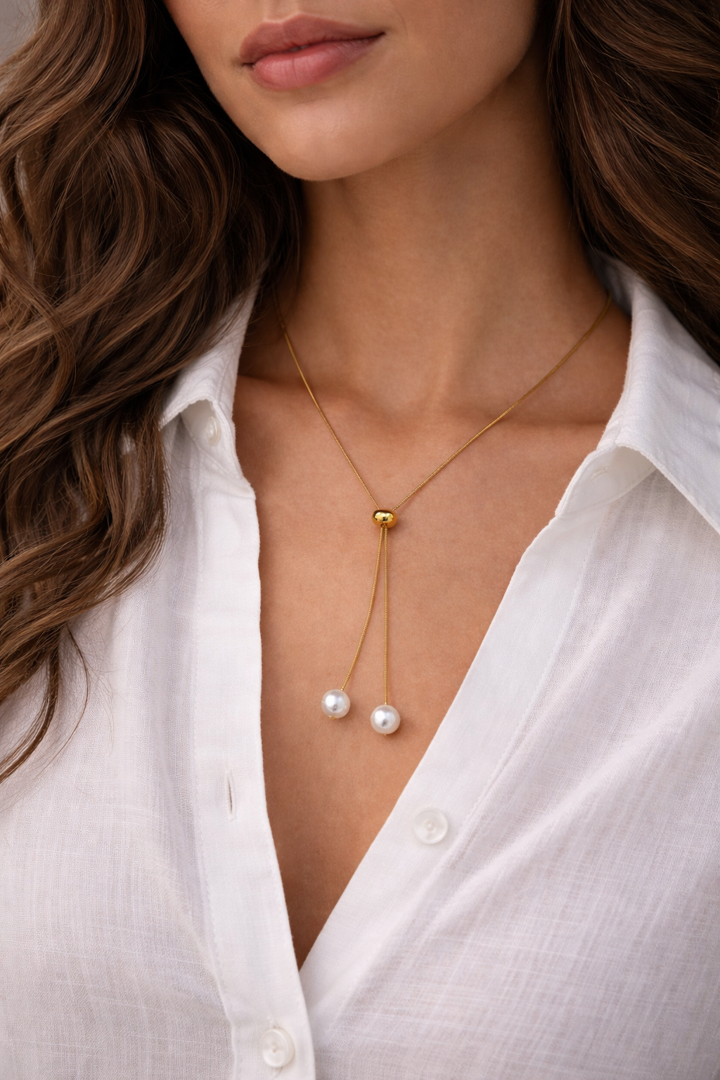 Elegant Gold Lariat Necklace with Pearls - Stainless Steel, Anti-Tarnish