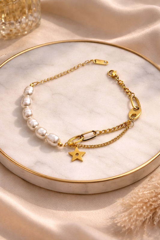 Gold Pearl Bracelet with Star Charm