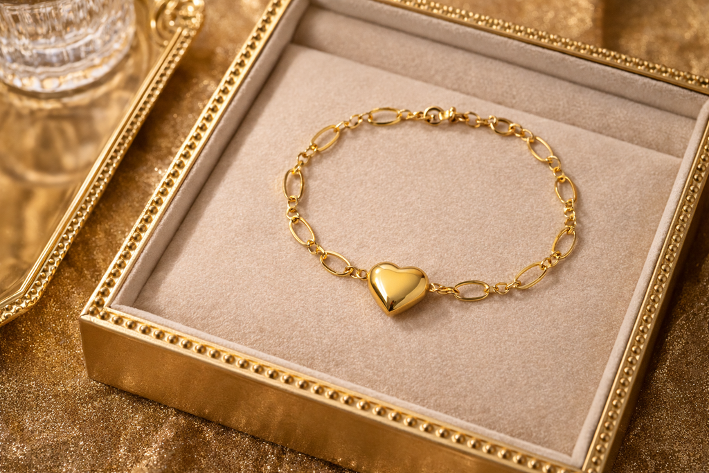 Gold Heart Bracelet with Oval Link Chain