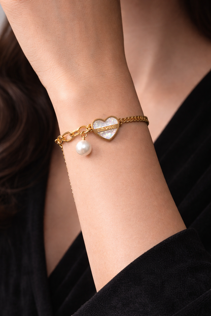 Gold Heart Charm Bracelet with Pearl and 'I ♥ YOU' Engraving