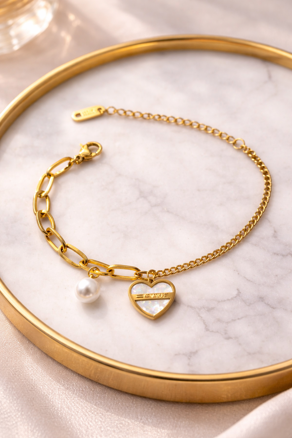 Gold Heart Charm Bracelet with Pearl and 'I ♥ YOU' Engraving