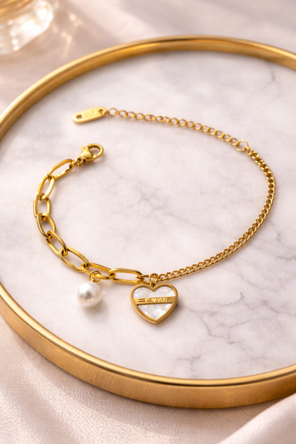 Gold Heart Charm Bracelet with Pearl and 'I ♥ YOU' Engraving