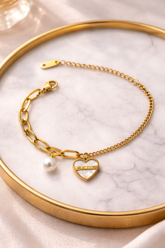 Gold Heart Charm Bracelet with Pearl and 'I ♥ YOU' Engraving