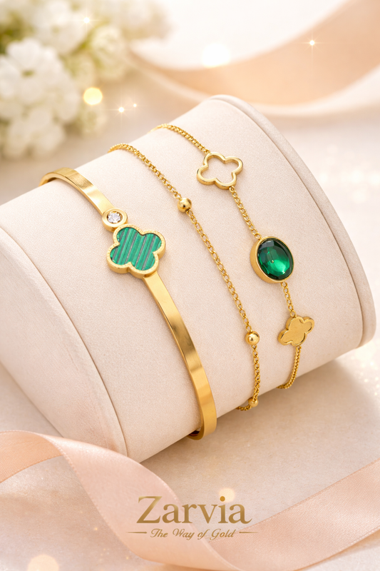 Everyday Elegant Duo Green Clover Bracelet Set