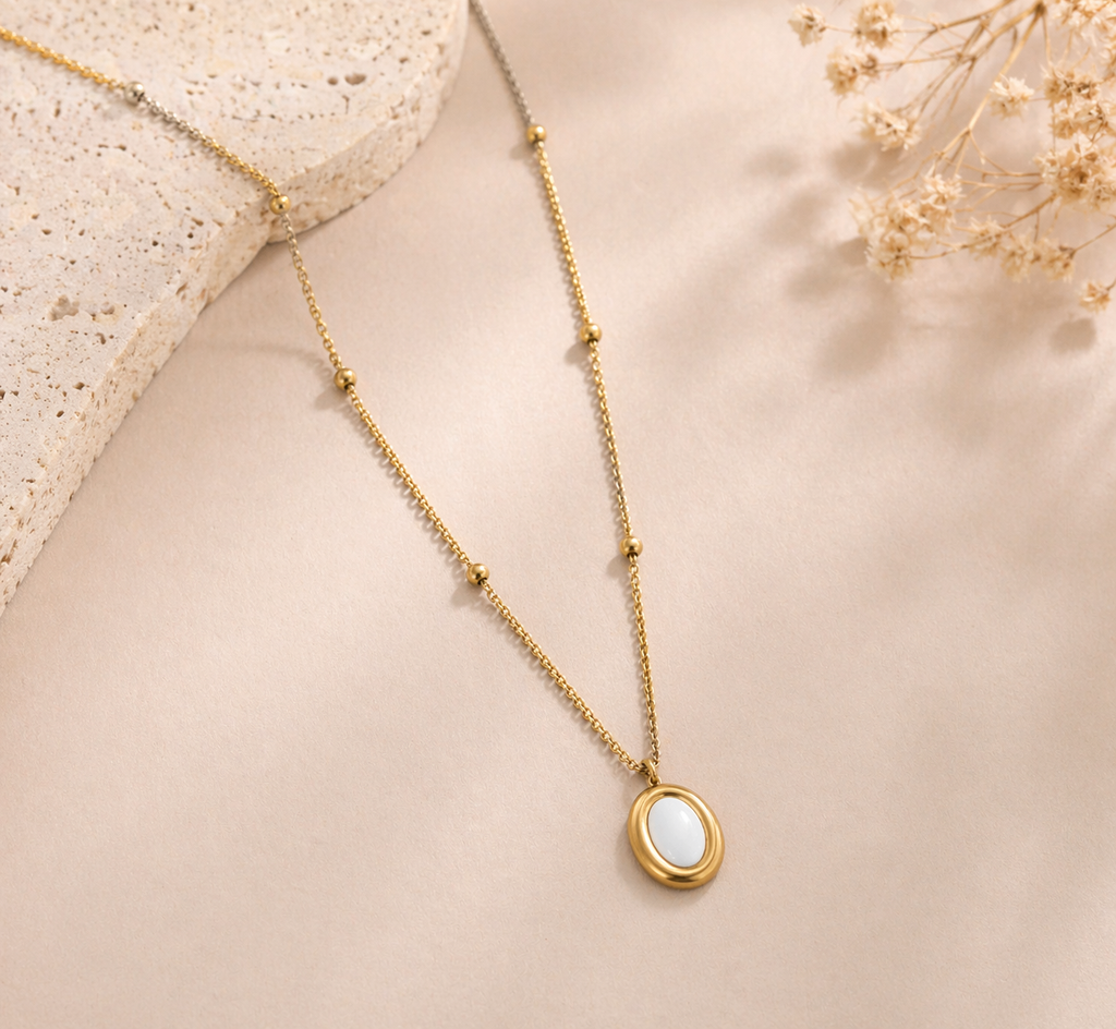 Gold Oval Enamel Pendant Necklace